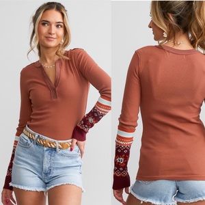 Free People Mikah Layering Cuff Waffle Knit Henley Thermal Top in Autumn combo